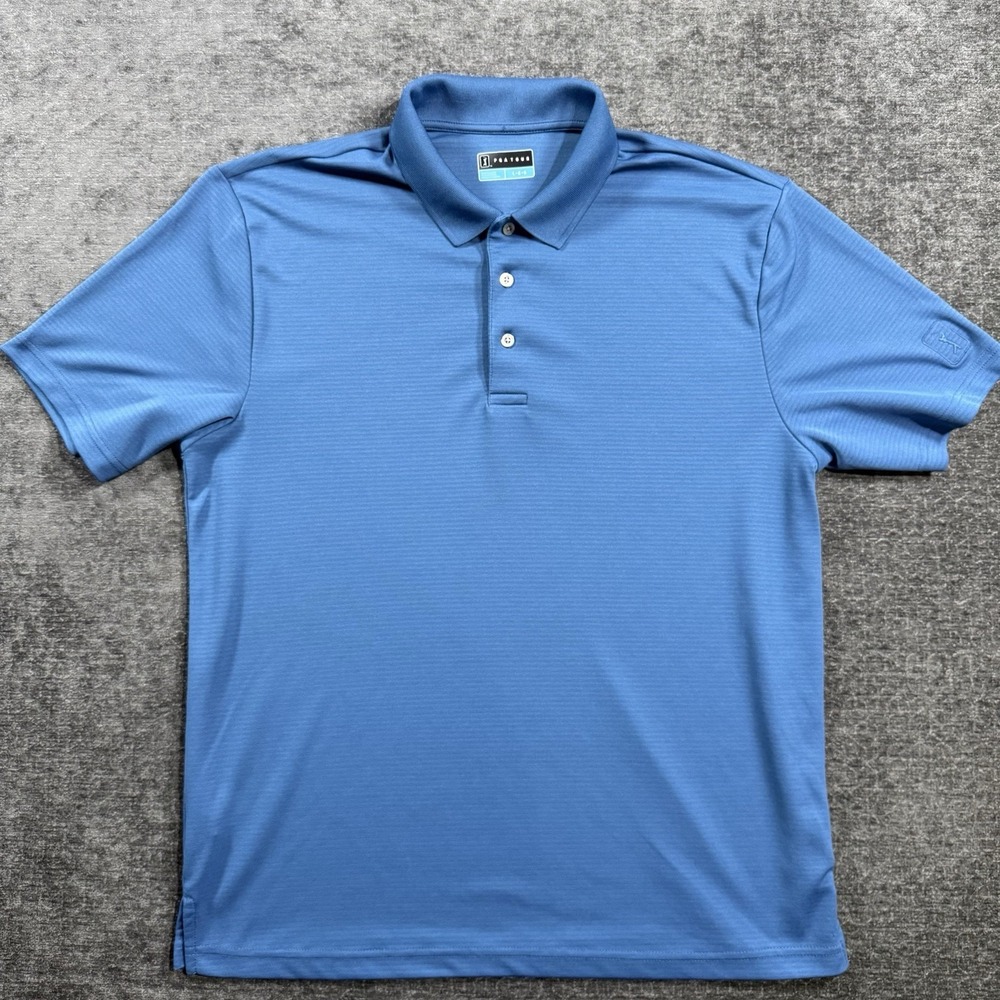 PGA Tour Men's Athletic Fit Short Sleeve Polo Striped Shirt Size Large Blue
